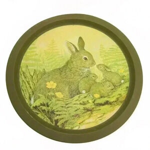Vintage 70s Retro Bunny Rabbit Forrest Decorative Green Metal Plate Tray